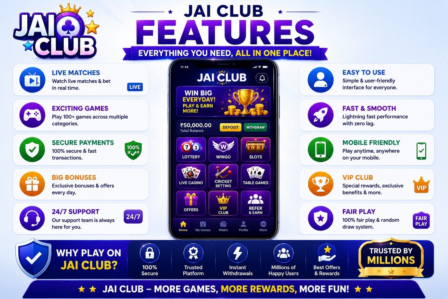 Jai Club Features — Live Matches, Exciting Games, Secure Payments, Big Bonuses, 24/7 Support